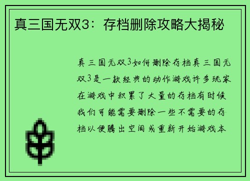 真三国无双3:存档删除攻略大揭秘